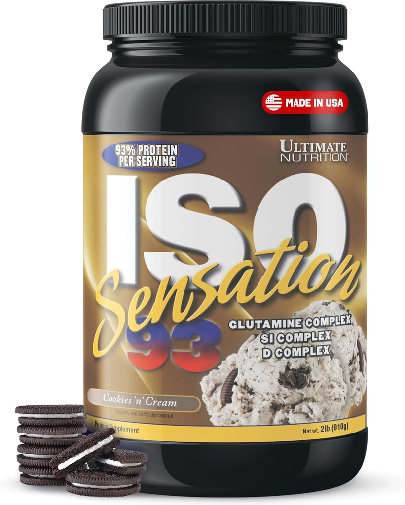 Ultimate Nutrition Whey Protein Isolate Powder med Glutamine Complex, ISO Sensation 93 - Whey Protein Powder med extra Colostrum för förbättrad återhämtning, immunitet & Gut Health - Cookies N Cream, 2lbs