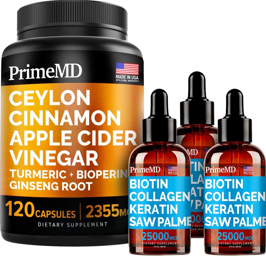 4-i-1 Liquid Biotin Collagen Keratin Saw Palmetto Drops (2 fl oz - 3 Pack) & 5-i-1 Ceylon Cinnamon w Turmeric & Ginseng Root (120ct) Bundle - Hair, Skin, Nails, & Immune Support Supplement