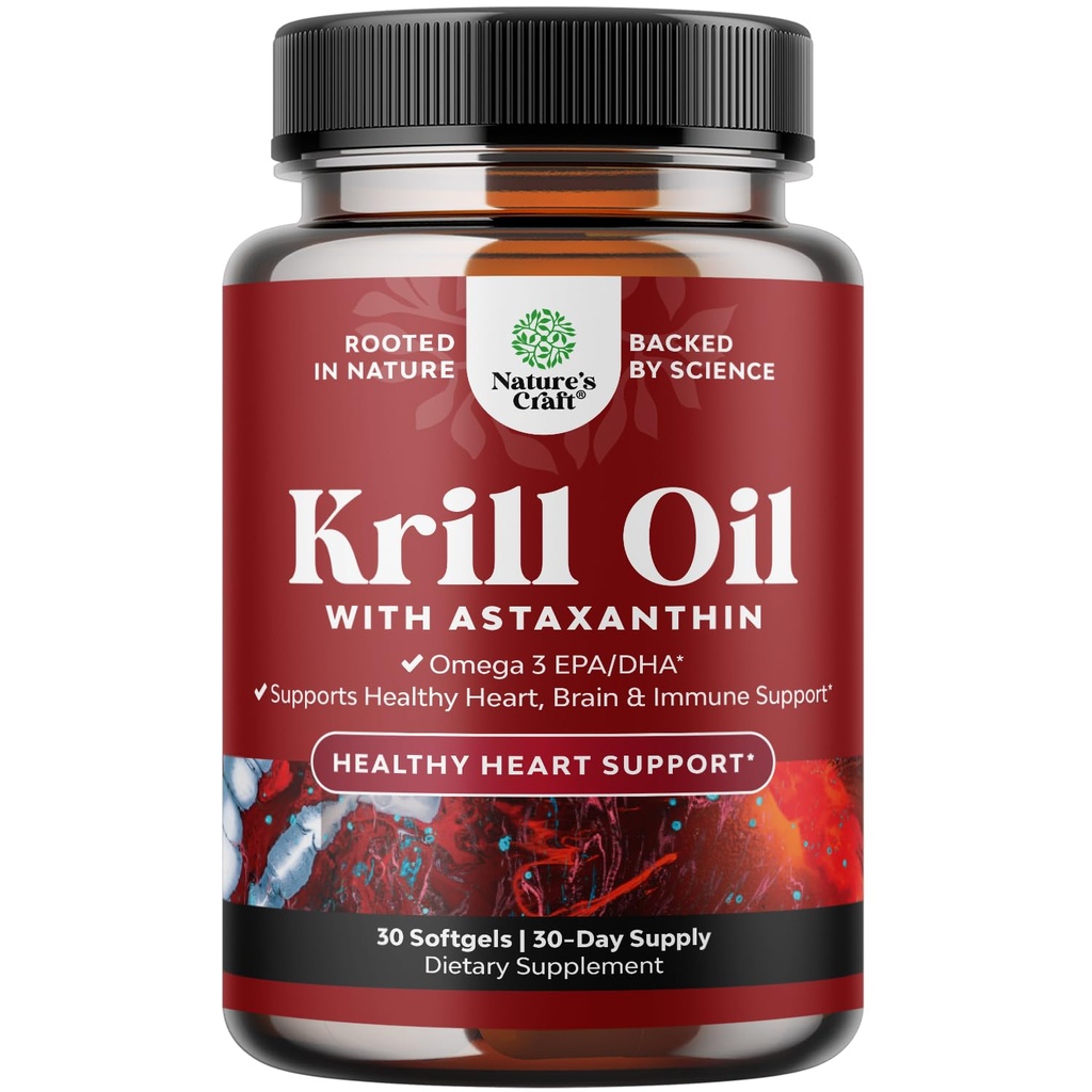 Krill Omega 3 Fish Oil Softgels - Concentrated Krill EPA & DHA Fish Oil Omega 3 Supplement för kvinnor och män för immunstöd, hälsosam hjärna och hjärthälsa - Burpless Fatty Acids Supplement - 30 Count