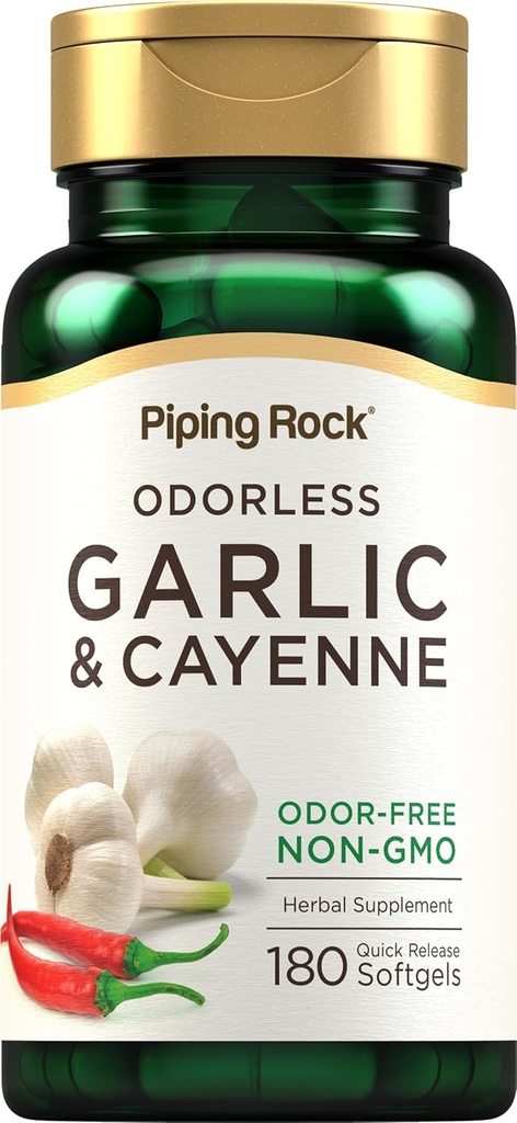 Piping Rock Odorless Garlic Softgels | 180 Softgels | Tillägg med Cayenne Extract | Allium Sativum | Non-GMO, Gluten Free