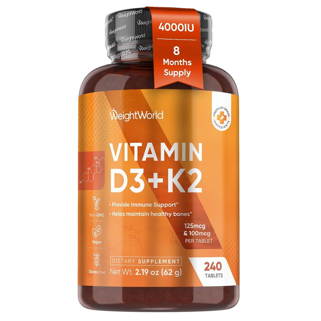 WeightWorld D3 Vitamin 4000 IE + K2 125mcg | Vitamin D3 K2 för friska ben och immunsupport (8-månaders leverans) | 240 Vegan D3K2 tabletter | Plantbaserad VIT D3 & K2 (MK-7) | Glutenfri, icke-GMO
