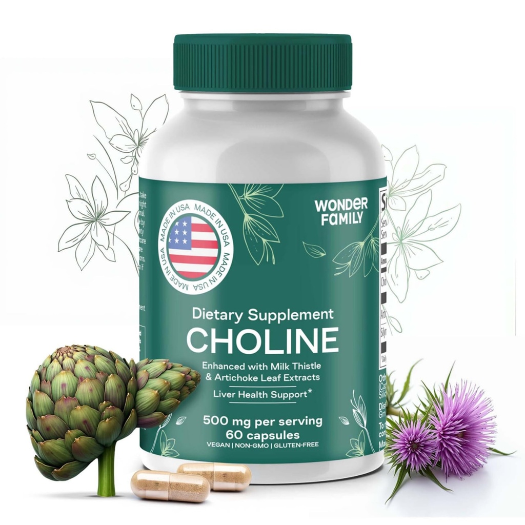 Choline Bitartrate 500MG - Premium Choline Supplements - Lever Support Supplement & Gallbladder Supplements - Colina Suplemento 500 mg Orgánica - Brain Vitamin för minne och fokus - 60 Choline Caps