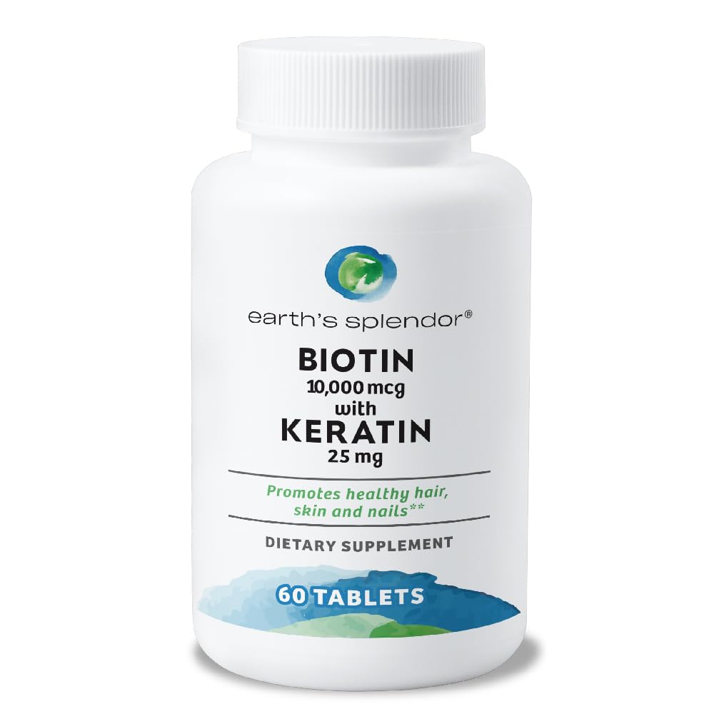 Jordens Splendor Biotin 10 000 mcg + Keratin 25mg, främjar hälsosamt hår, starka naglar och hudstöd, 60-dagars leverans
