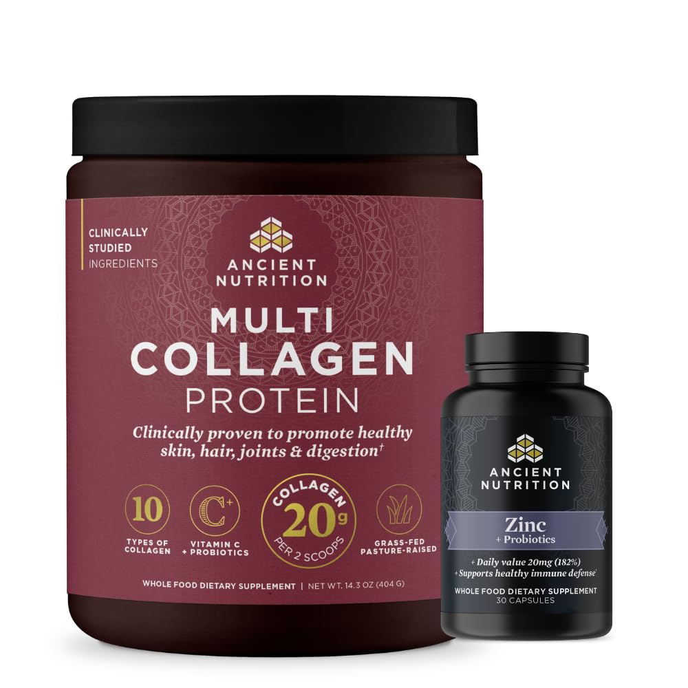 Ancient Nutrition Zink Capsules, 30 greve + Multi Collagen Protein Powder, Unflavored, 40 portioner