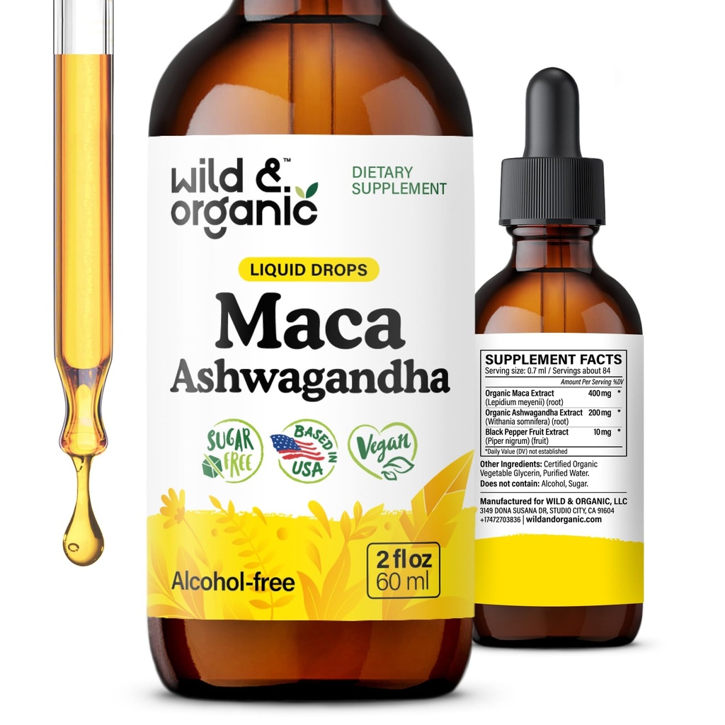 Wild & Organic Maca Ashwagandha Drops for Men and Women - Peruvian Maca Root och Ashwagandha Tincture for Overall Support - Vegan, Sugar & Alcohol-Free Extract Supplement - 2 fl oz
