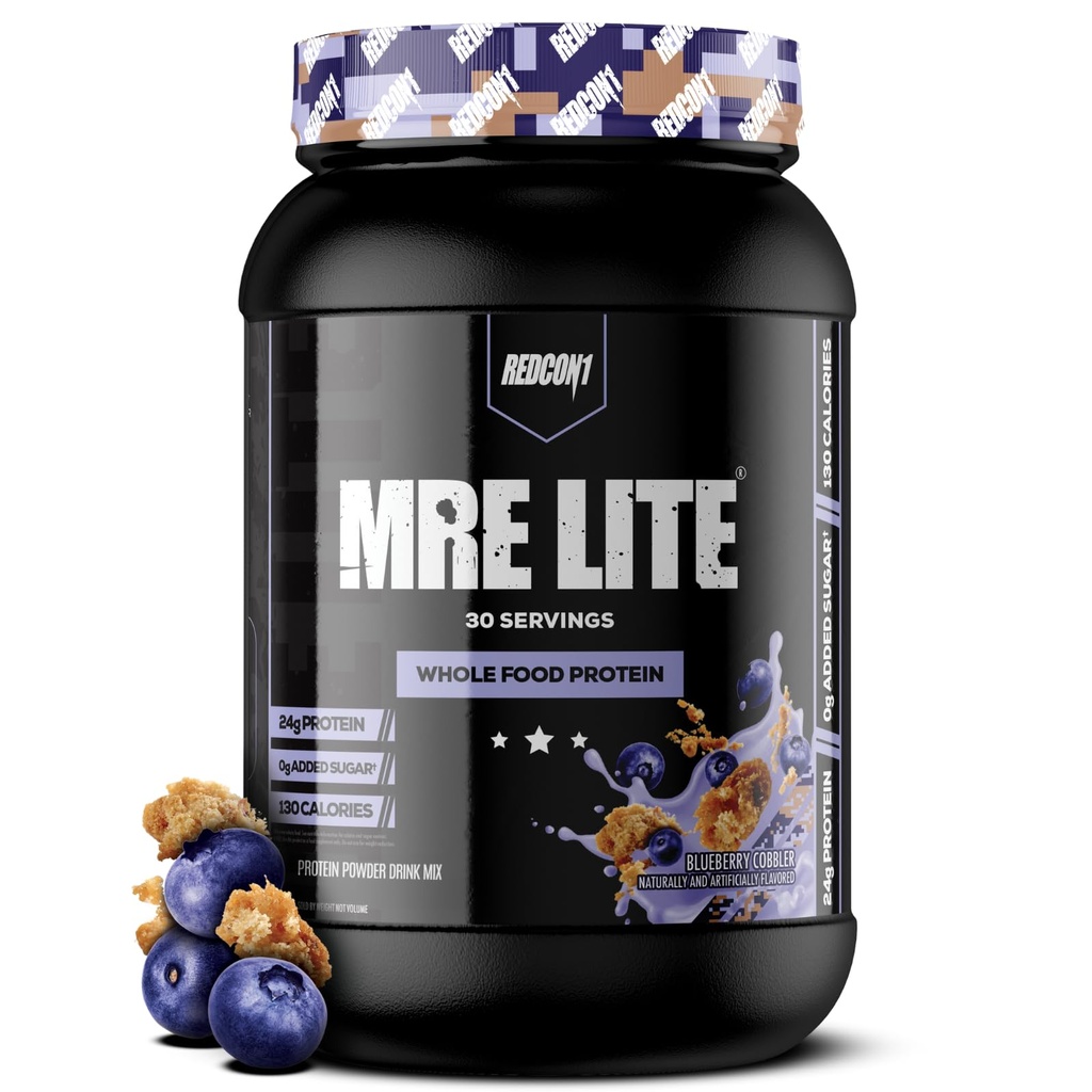 REDCON1 MRE Lite Whole Food Protein Powder, Blueberry Cobbler - Low Carb & Whey Free Meal Replacement med Animal Protein Blends - Lätt att Digest Supplement Made med MCT Oils (30 portioner)