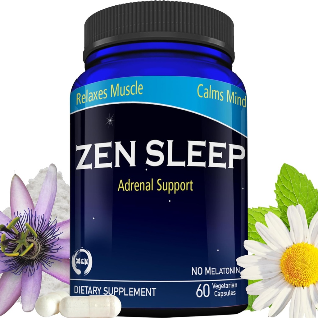 Zen Sleep | Non-Addictive Sleep Aid w/Adrenal Support. Innehåller Magnesium och organiska örter; Chamomile, Lemon Balm, Passion Flower, No Melatonin