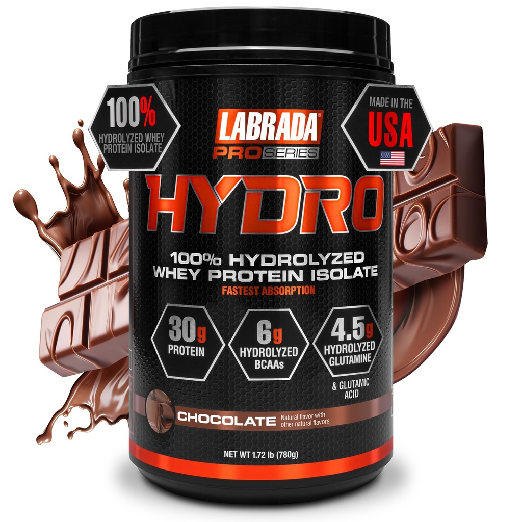 LABRADA Hydro 100% Pure Hydrolyzed Whey Protein Isolate Powder, Lactose Free, Fastest Digesting, Instant Mixing, Utsökt smak 20 portioner (Chocolate)