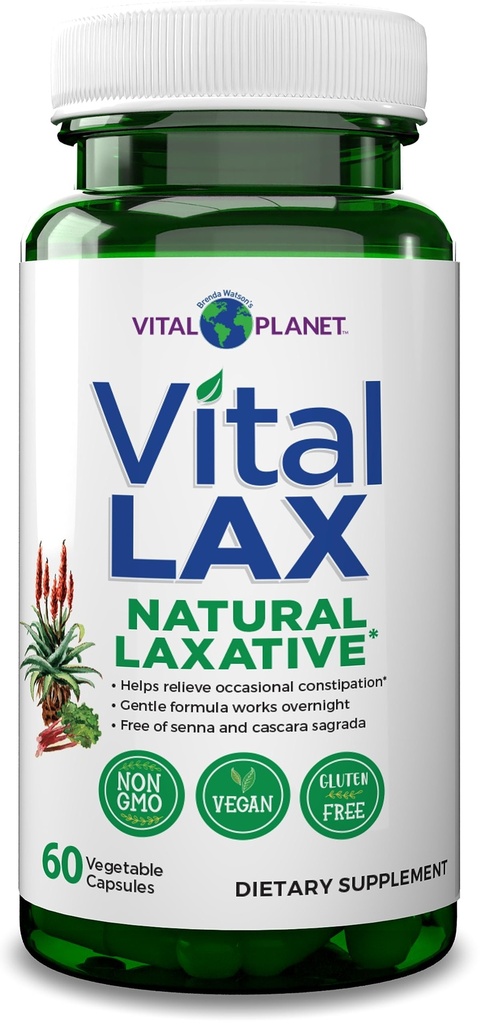 Vital Planet - Vital Lax Natural Laxative Cleanse Supplement for Occasional Constipation, med Magnesium Hydroxide, Slippery Elm, Aloe och Triphala för att stödja tarmregularitet 60 kapslar