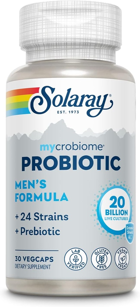 SOLARAY Mycrobiome Probiotic Mäns Formel, Probiotika för Män, Gut Health, Digestion, Immune Function & More, 20 miljarder CFU Mens Probiotic, 24 Strains Plus Prebiotic, 30 portioner, 30 VegCaps