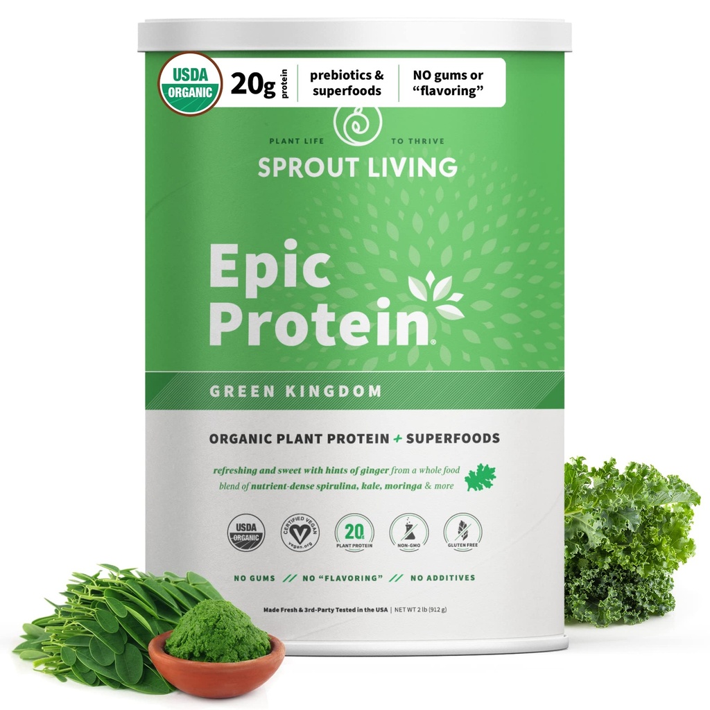Sprout Living Epic Protein, Plant Based Protein & Superfoods Powder, Green Kingdom | 20 Grams Organic Protein Powder, Greens, Vegan, Non Dairy, Non-GMO, Gluten Free, Low Sugar (2 pund, 24 portioner)