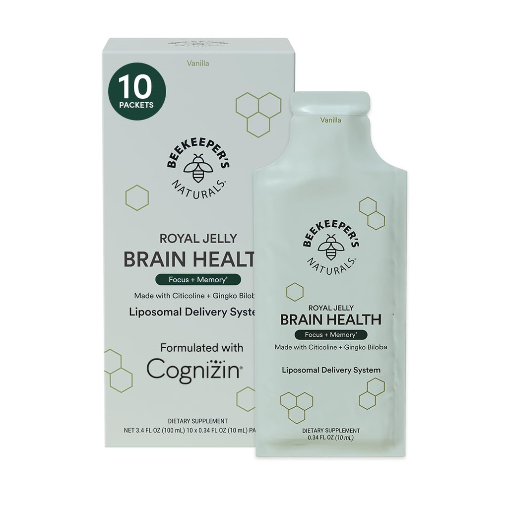 Nootropic Brain tillägg av Beekeepers Naturals, 500 mg Citocoline, Ginkgo Biloba, Bacopa Monnieri & Royal Jelly, stöder Focus & Memory, Easier Absorption, Plus en Tasty Vanilla smak, 10ct
