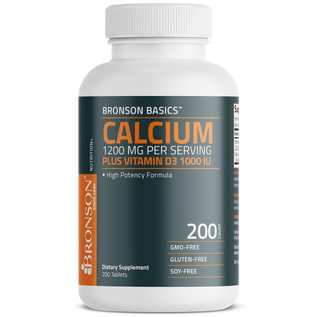 Bronson Calcium 1200mg Per Serving Plus Vitamin D3 1000 IE High Potency Formel, Non-GMO, 200 tabletter