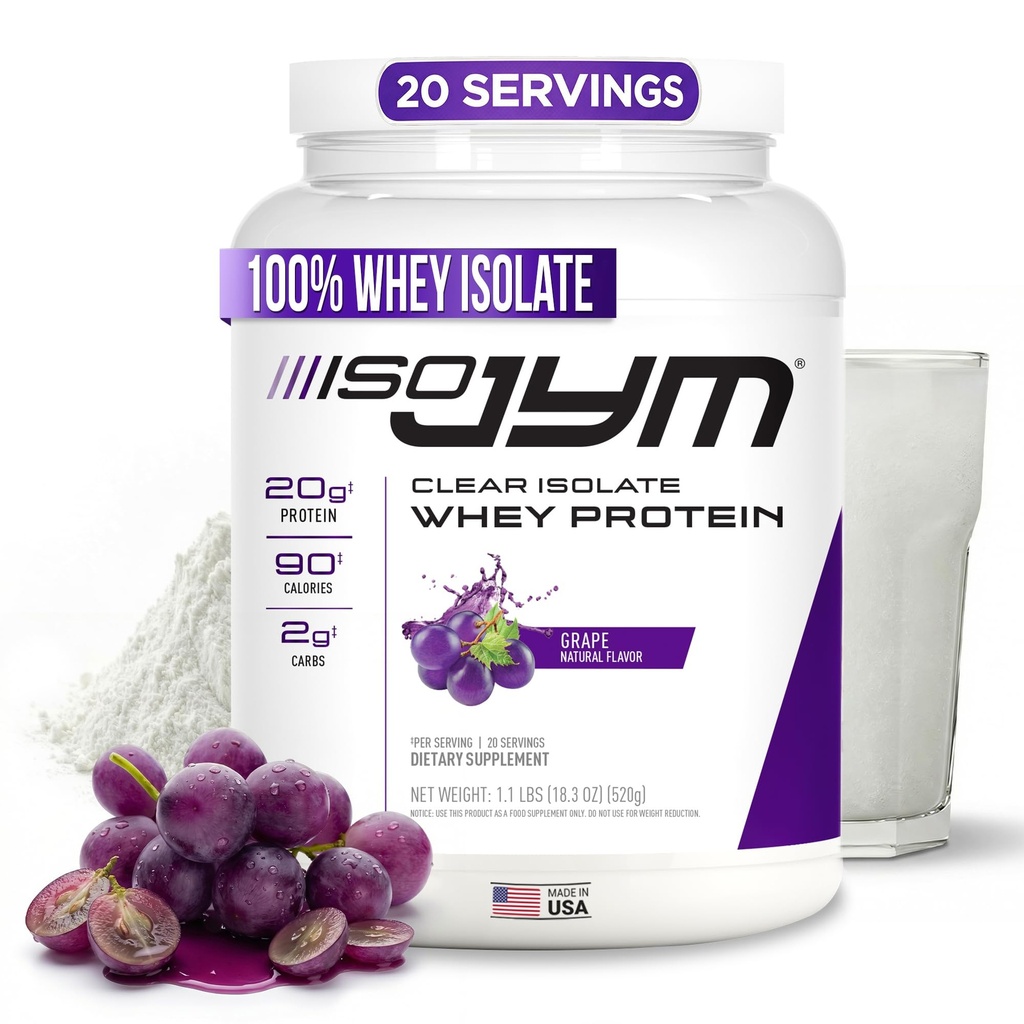 JYM Supplement Science Iso JYM Grape, 90 kalorier, 100% Whey Protein Isolate, Zero Fat, Zero Sugars, Mixes Clear, för kvinnor och män, 20 portioner