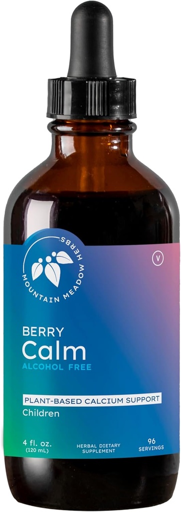 Mountain Meadow Herbs Berry Calm för barn - Herbal Calcium Supplement för starka ben, tänder, fokus och avkoppling, stor smak flytande formel, 4 uns