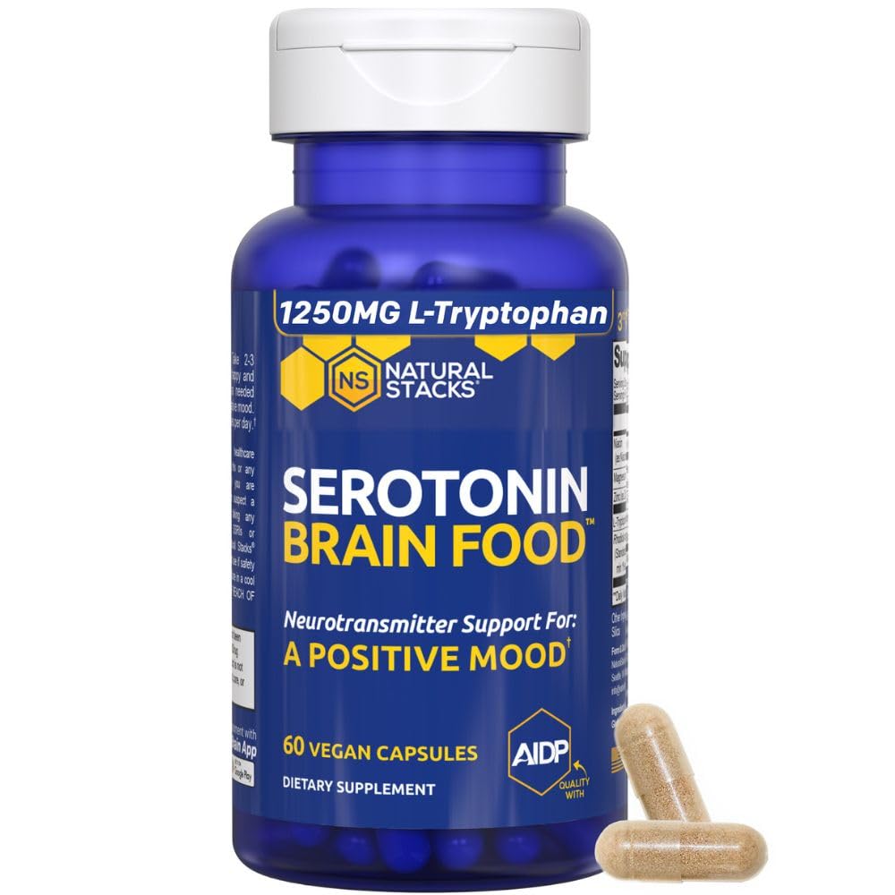 Serotonin Brain Food - 1250mg L-Tryptophan & 400mg Rhodiola Rosea Supplement - Mood Support Supplement for Stress Relief - Neurotransmittor Support med Magnesium Glycinate & Zink - 60 kapslar