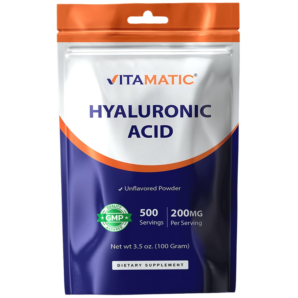 Vitamatic Hyaluronic Acid Powder 200mg - Stöder Hälsosam Koppling och Joints - Främja ungdomlig Hälsosam Hud - 100 Gram