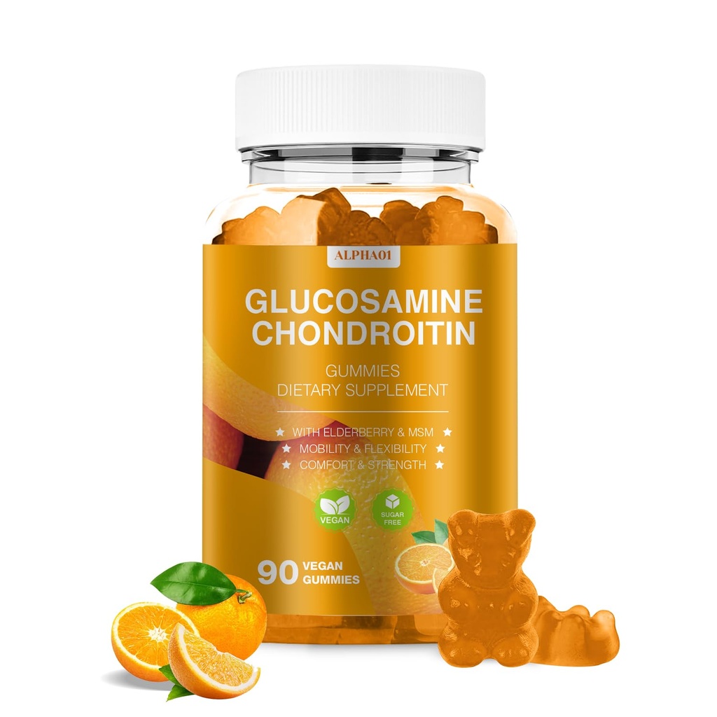 Glukosamin Chondroitin Gummies - 3000MG Extra Strength Joint Support Supplement med MSM & Elderberry, Flexibilitet, Antioxidant Immune Support Gummy för vuxna, Män & Kvinnor - 90 Orange Gummies