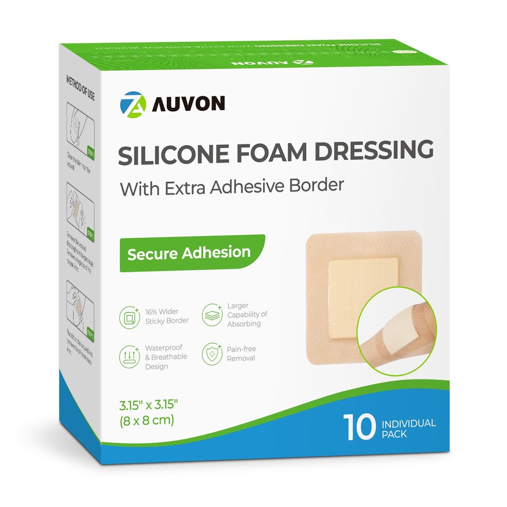 AUVON Silicone skumklänning med stor limgräns, 3 "x 3" 10 Packs sårband med hög absorbens, vattentäta silikonskumplattor för sårvård och skydd Plus kudde