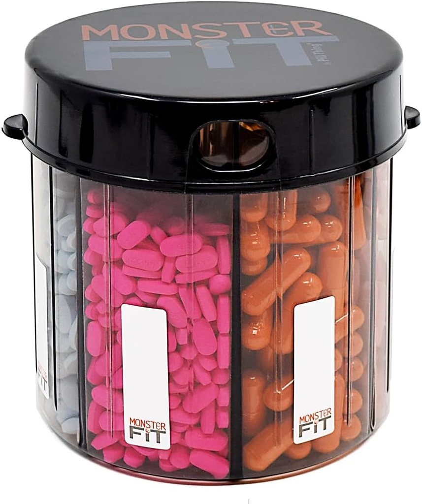 XL Supplement Pill Dispenser Bottle, 7 Compartment, Labels, Easy Open, Anti-Mixing, UV Protected Organizer, Extra Large Monthly Vitamin, Monster Fit Medication Holder innehåller Premium Medisafe App