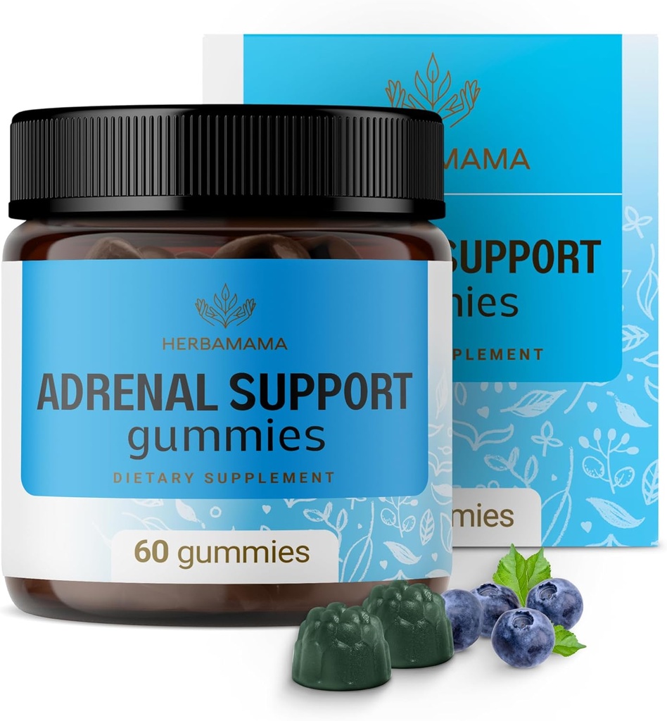HERBAMAMA Adrenal Support Gummies - Pure Adrenal Complex Supplement för kvinnor med Ashwagandha Root, Rhodiola Rosea & Magnesium - Vegan, icke-GMO - 60 Pectin-Based Blueberry-Flavored Chews