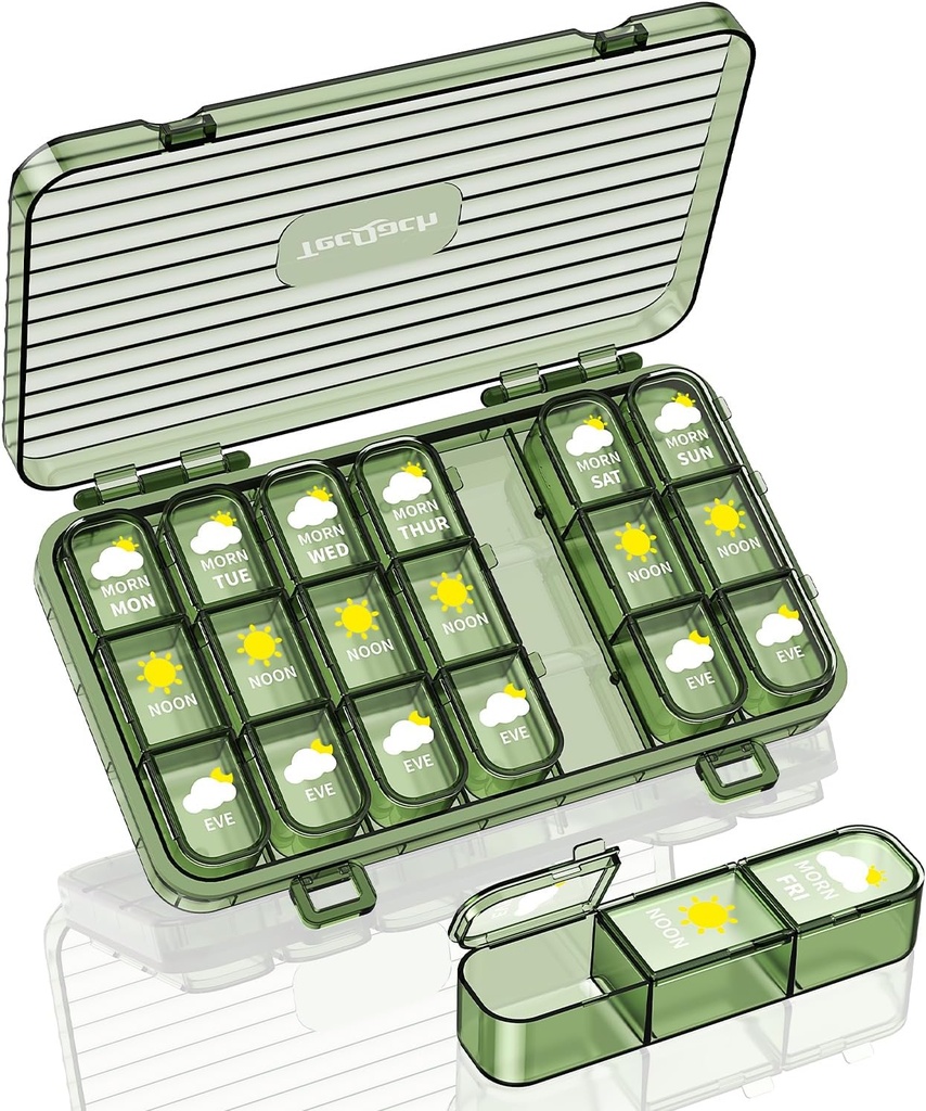 Weekly Pill Organizer,3 gånger om dagen, Large Travel 7 Day Pill Box med separat behållare, Daily Portable Moisture-Proof Pill Case för medicinering, vitaminer, fiskolja och kosttillskott