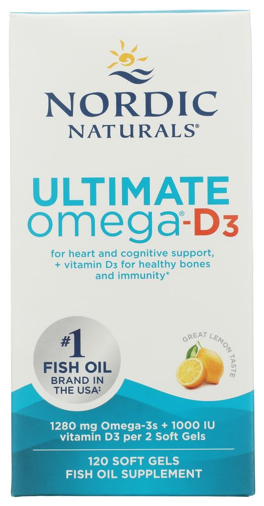 Nordic Naturals Ultimate Omega-D3, Lemon Flavor - 120 Soft Gels - 1280 mg Omega-3 + 1000 IE Vitamin D3 - EPA & DHA - Främjar hjärna, hjärta och immunhälsa - 60 portioner