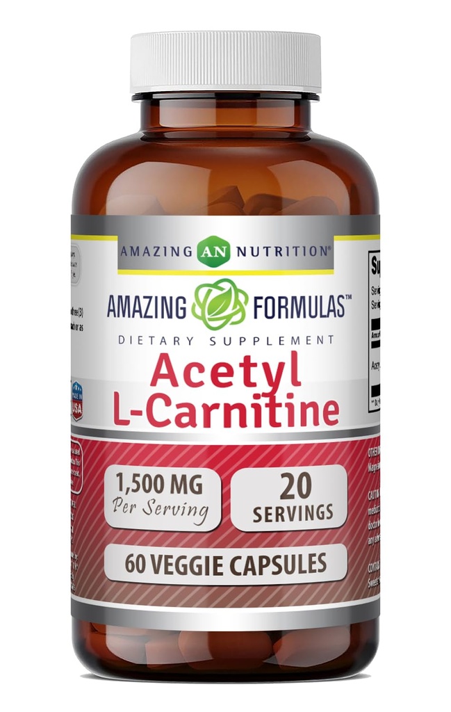 Fantastiska formler Acetyl L-Carnitine Hcl Veggie Dietary Supplement - 500 Mg, Veggie Capsules (Non GMO, Gluten Free) Per Bottle - Främjar energiproduktion och kognitiv funktion (60 Count)