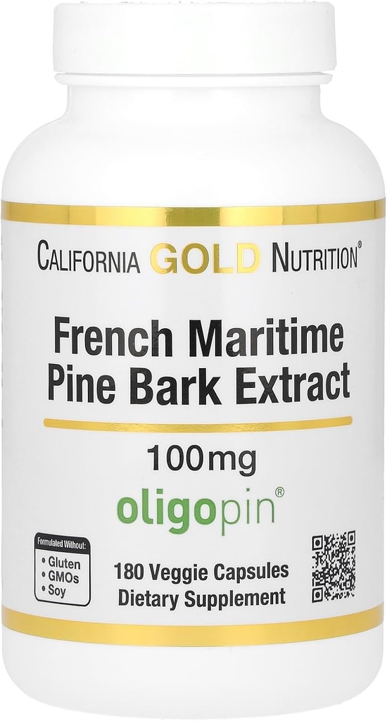 Kalifornien Gold Nutrition Pine Bark Extract, French Maritime, Oligopin, Antioxidant Polyfenol, 100 mg, 180 Veggie kapslar