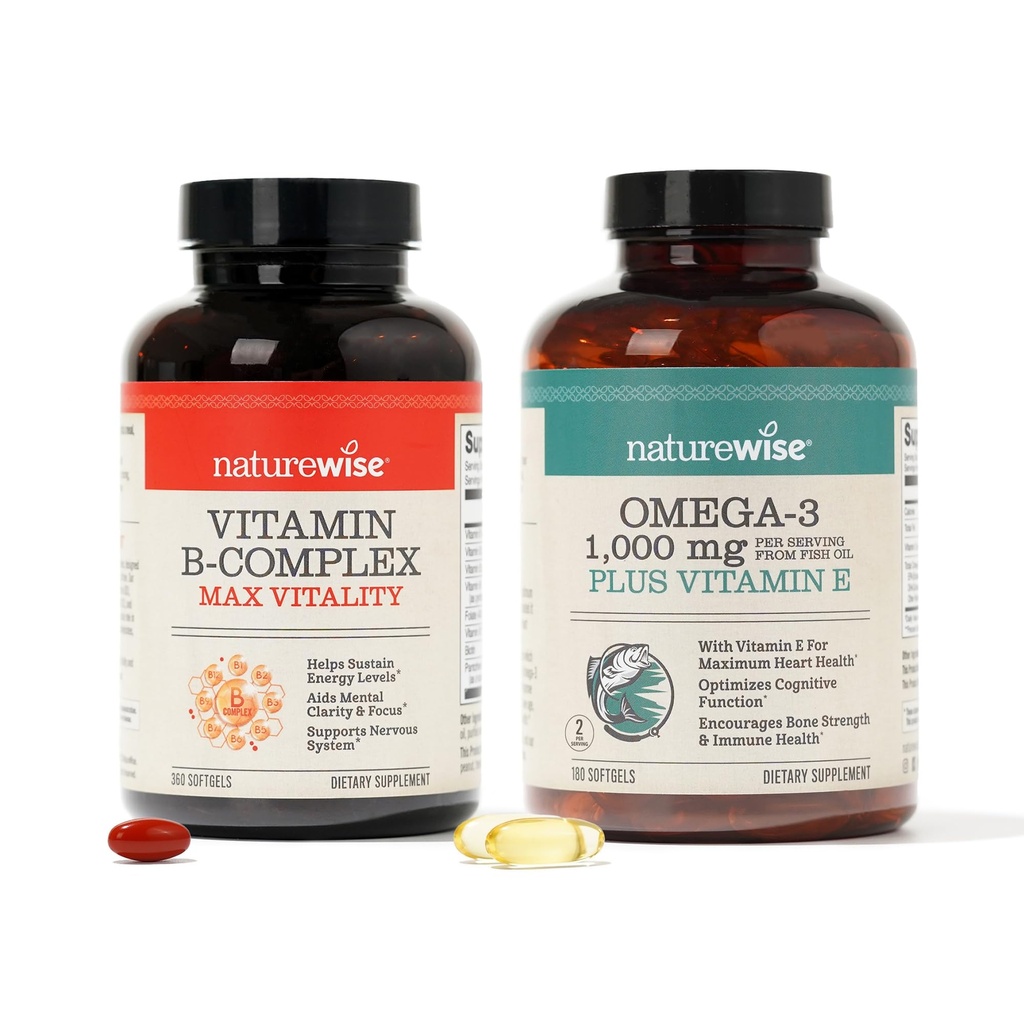 NatureWise Vitamin B Complex 360 Softgels & Omega 3 Fish Oil 180ct för energi, hjärta, hjärna, immun & Vision Support