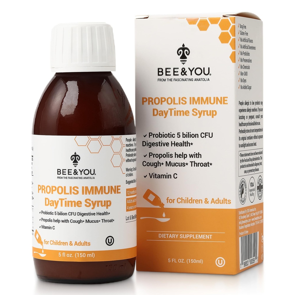 Bee and You Propolis Immune Day Time Syrup med Probiotisk, Vitamin C, Immune Support, Digestive Health, Antioxidanter, Gut Health 5 Fl Oz