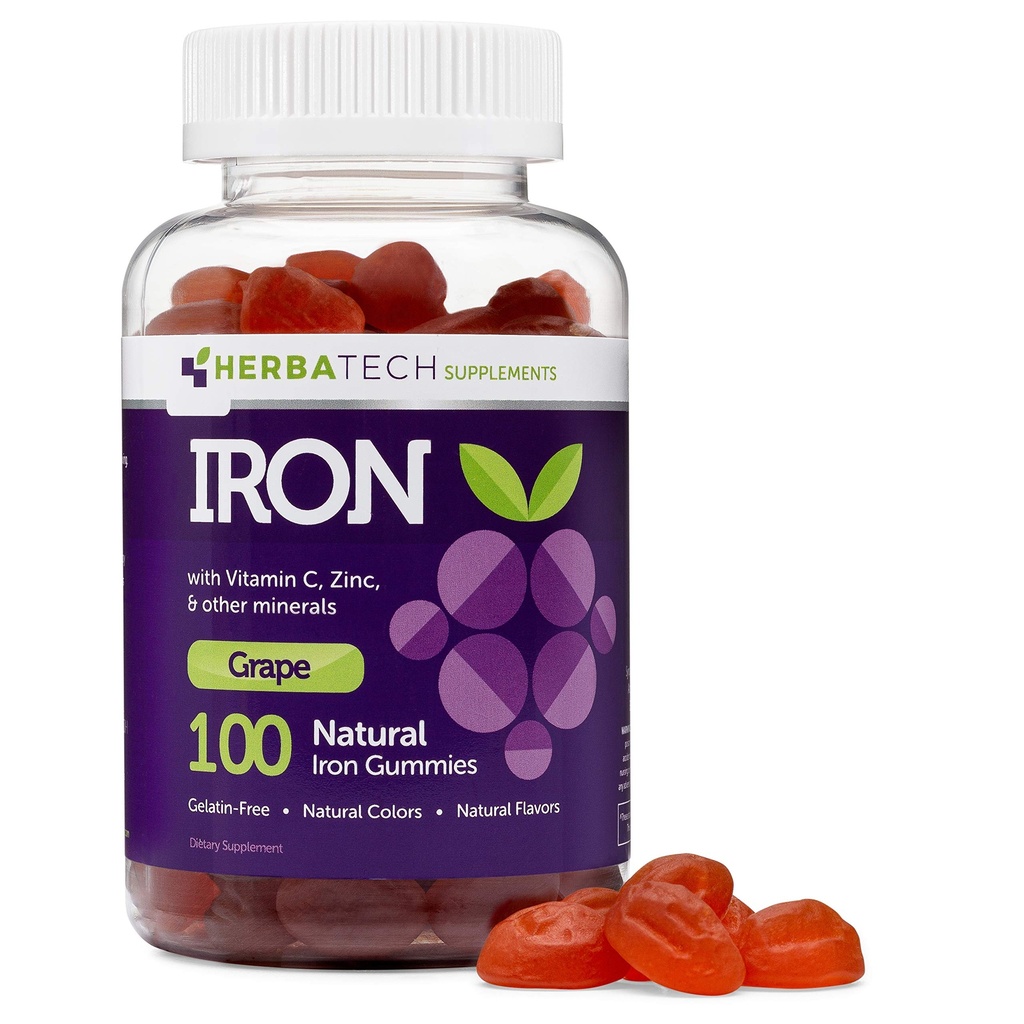 Iron Gummies for Adults and Kids, Chewable Multivitamin Supplement with Iron, Vitamin C, A, B, Zinc, Folic Acid och Biotin (Grape Flavored) Vegan Safe, tillverkad i USA från HERBATECH