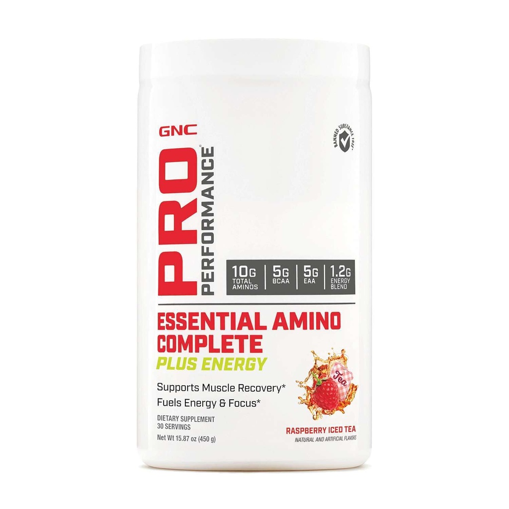 GNC Pro Performance Essential Amino Complete Plus Energy - Raspberry Iced Tea | 5g BCAA, 5g EAA Plus Energy Blend och Electrolyte Complex | 30 portioner