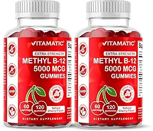 Vitamatic 2 Pack Extra Strength Vitamin B12 5000 mcg (Methyl B12) Gummies - 120 greve - Energi Metabolism Support och Nervous System Health Support, Natural Cherry Flavored