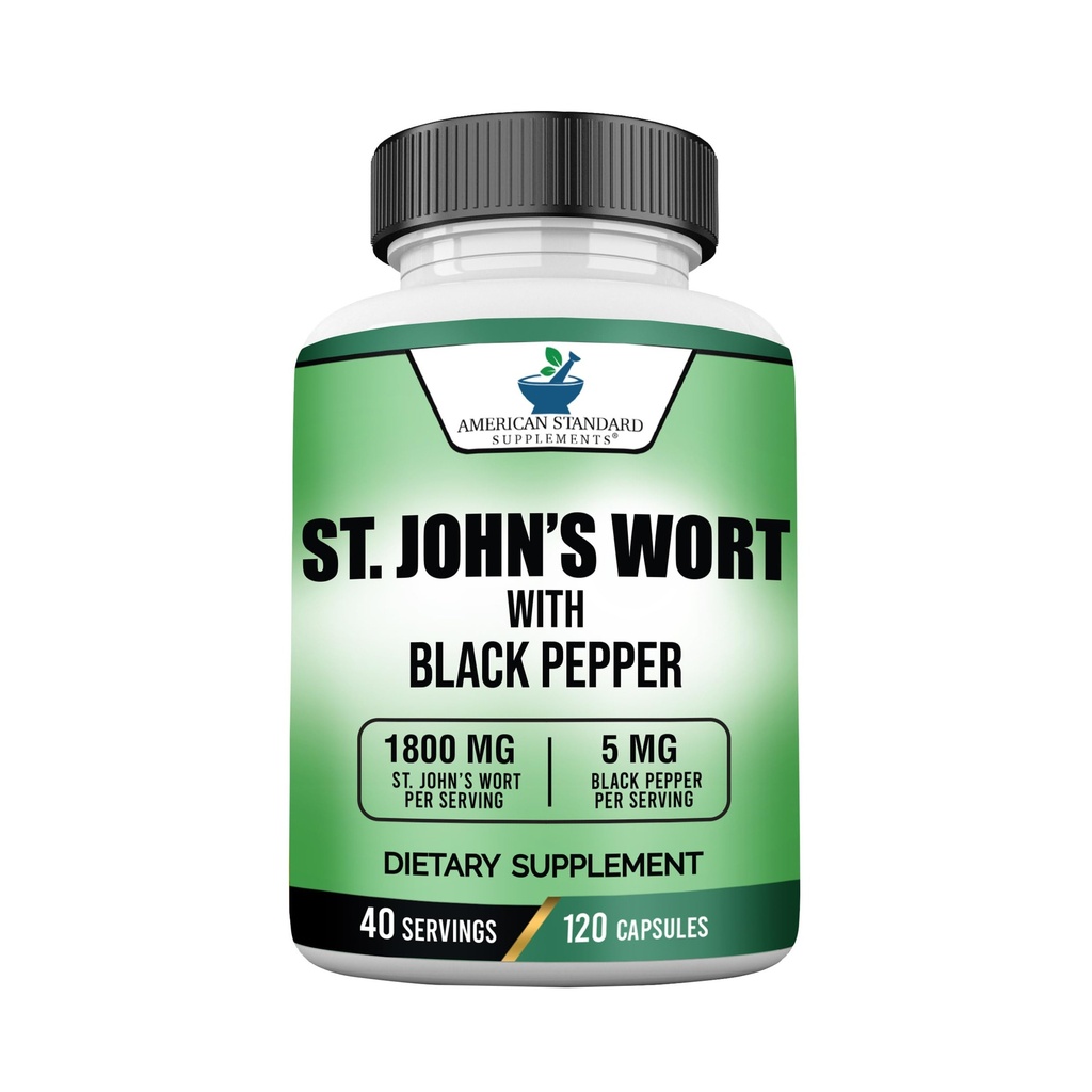 American Standard Supplements St John's Wort 1800mg Per Serving med Black Pepper Fruit Extract - Vegan, Gluten Free, Non-GMO, 120 kapslar, 40 portioner