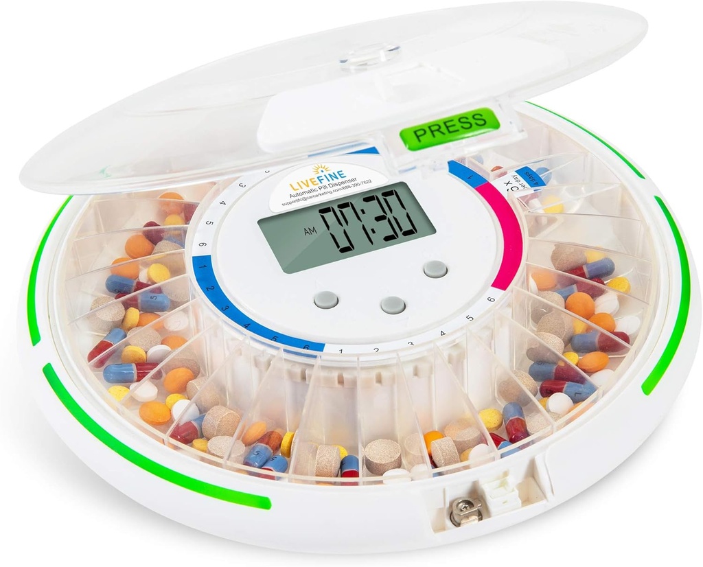 Live Fine Automatic Pill Dispenser med 28-dagars Elektronisk Medication Organizer, 6 Doseringsmallar, Easy-Read LCD Display, Sound & Light Alerts & Key för recept, vitaminer, tillskott och mer
