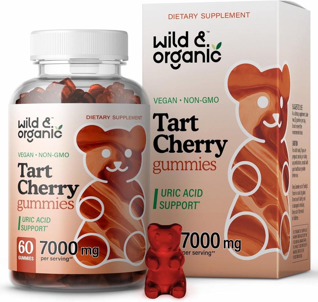 Wild & Organic Tart Cherry Gummies 7000 mg - Tart Cherry Extract Supplement för Uric Level Support - 60 Vegan, icke-GMO Chews