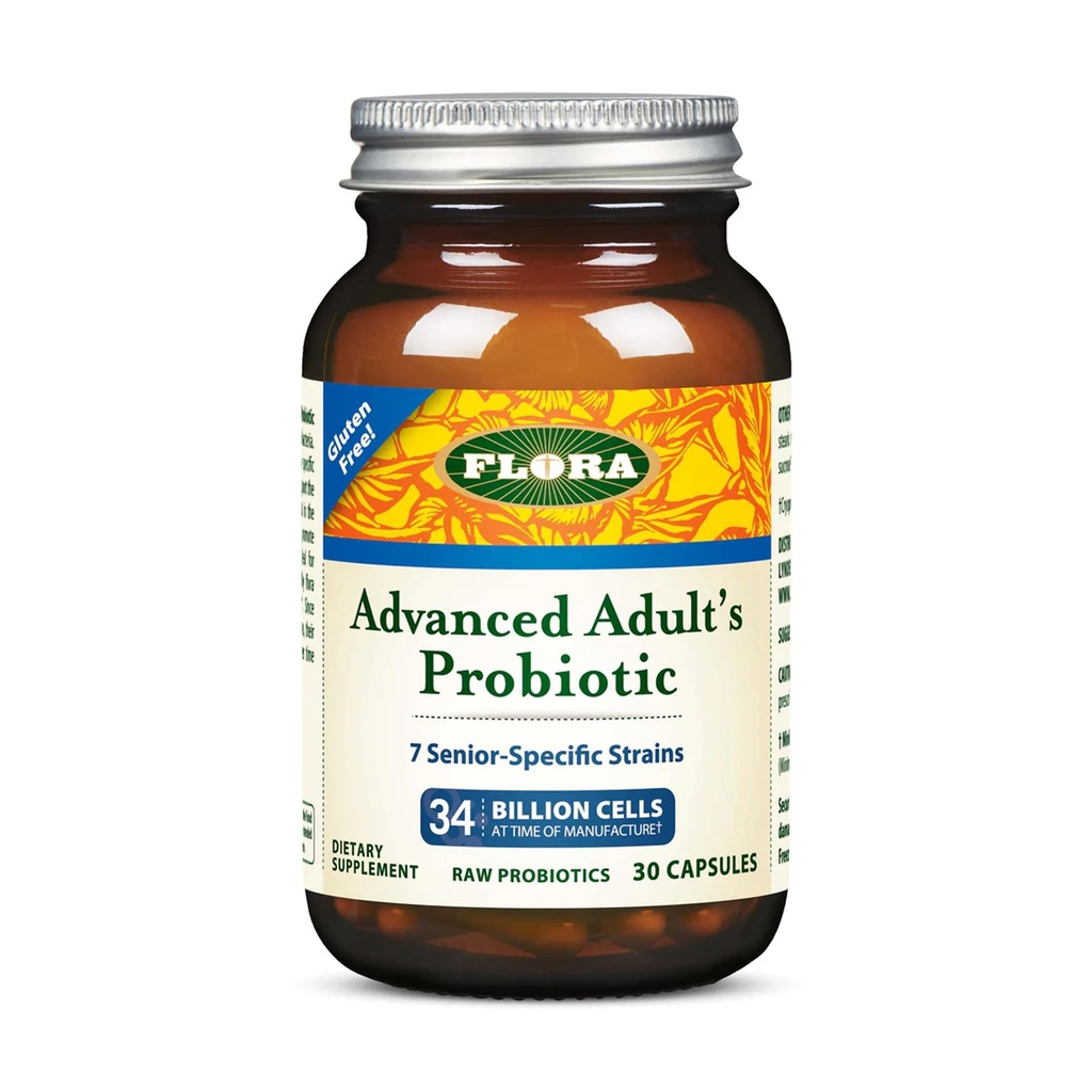 Flora - Advanced Adult's Blend Probiotic, Seven Senior-Specific Strains, Gluten Free, Raw Probiotic med 34 miljarder celler, 30 kapslar