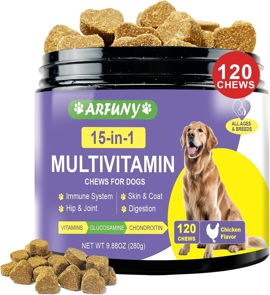 15 in 1 Dog Multivitamin Supplement - Dog Vitamins for Immune System, Digestion, Hip & Joint, Skin & Coat - with Essential Vitamins, Glucosamine & Chondroitin - Chicken Flavor, 120 Chews