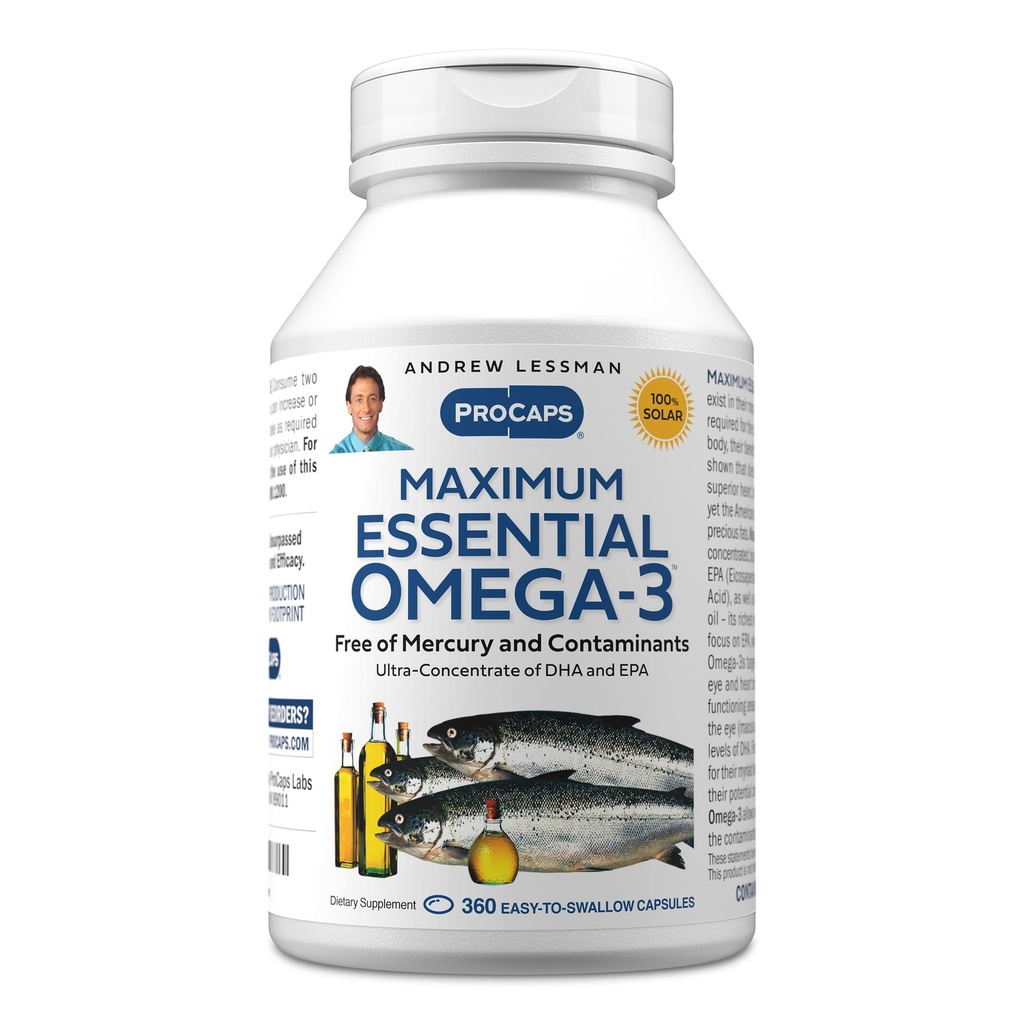 ANDREW LESSMAN Maximum Essential Omega-3 Unflavored, 360 Softgels - Ultra-Pure Omega-3 Fish Oil 1200 mg-High DHA, No Mercury Supplement-Small, lätt att svälja fiskoljekapslar