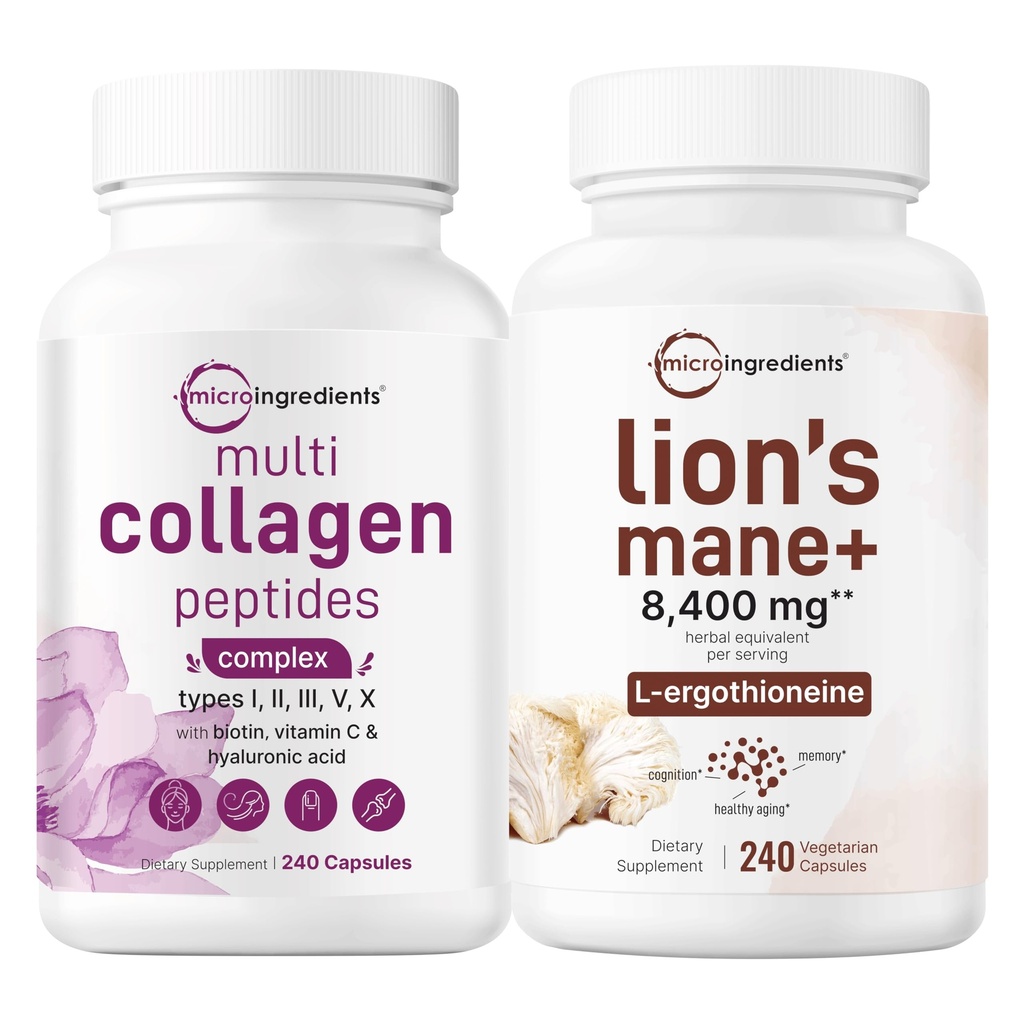 Micro Ingredients Multi Collagen Complex för kvinnor och lejon Mane Supplement 240 Veggie Capsules Bundle 2 Pack | Grass-Fed Collagen Peptides | Superfood Mushroom Antioxidanter med L-Ergothioneine