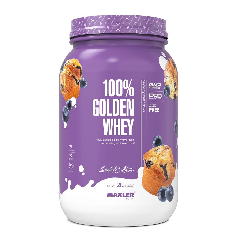 Maxler 100% Golden Whey Protein - 24g Protein per servering - Premium Whey Protein Powder för Pre Post Workout - Fast-Absorbing Whey Concentrate, Isolate & Hydrolysate Blend - Blueberry Muffin 2 lb