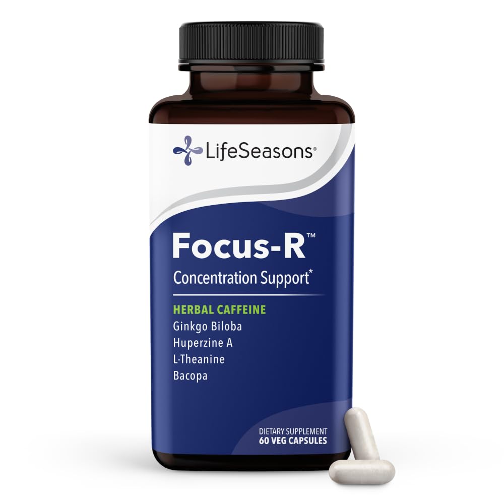 LifeSeasons - Focus-R - Concentration Support Supplement - Alla åldrar - Förbättrar mental prestanda och fokus - Ökar uppmärksamhetsspanna - L-Theanin, Kava Kava, Bacopa, Vitamin B & More - (60 kapslar)