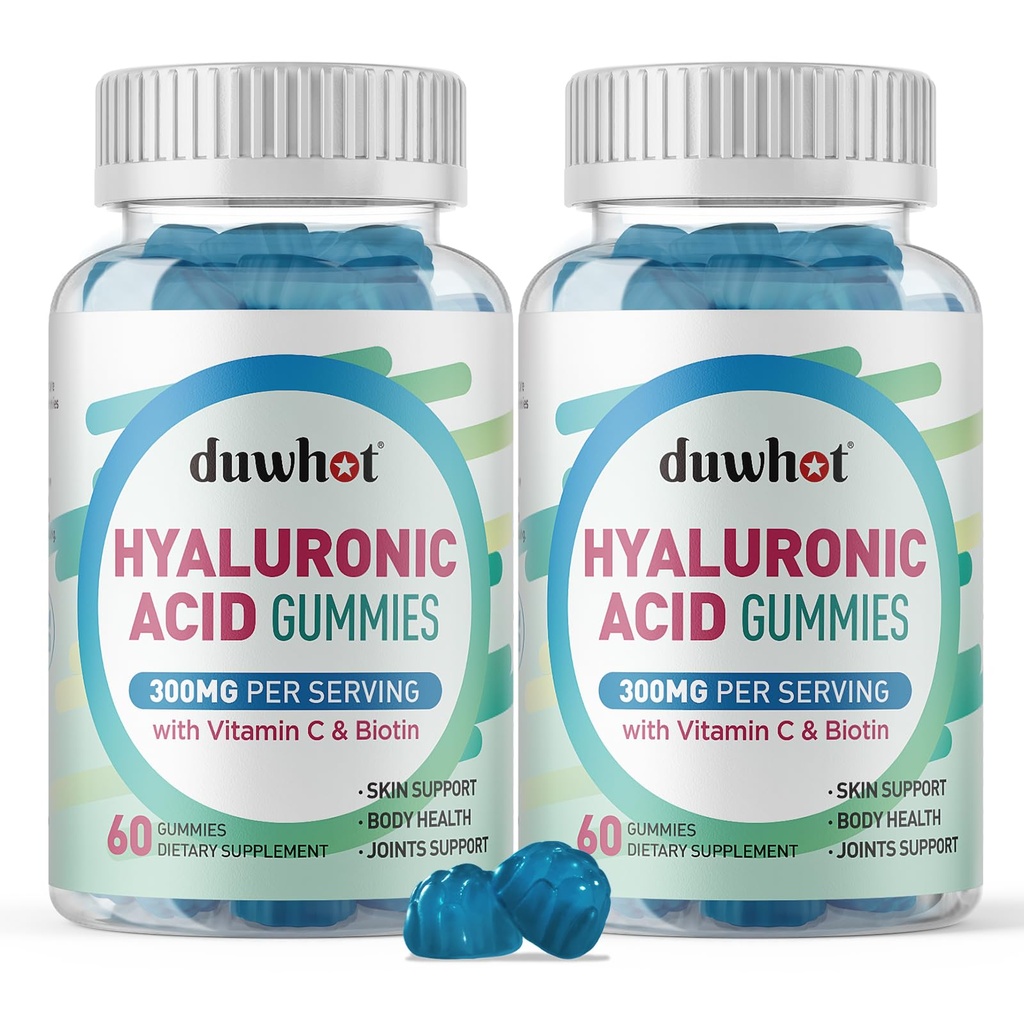 Hyaluronsyra Gummies, Hyaluronsyratillskott med vitamin C & Biotin 5000mcg för hud, hår, naglar hälsa, gemensamma kosttillskott för kvinnor och män, låg socker, Vegan, icke-GMO, 60 grejer