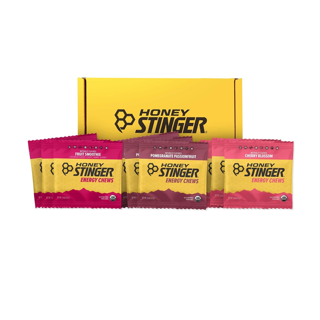 Honung Stinger Organic Energy Chew Variety Pack | 3 Pack Varje Fruit Smoothie, Pomegranate Passionfrukt och Cherry Blossom | Gluten Free & Caffeine Free | Sports Nutrition för alla övningar