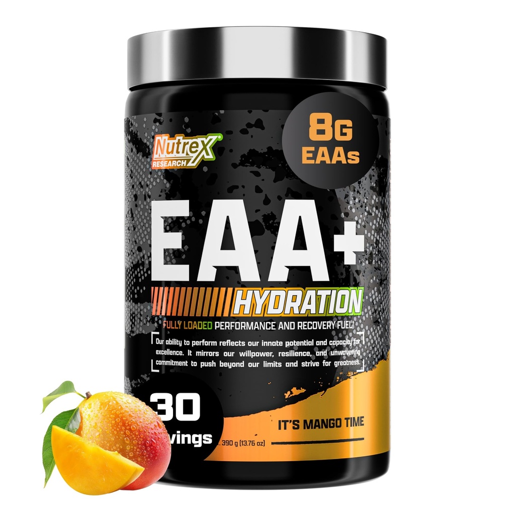 Nutrex Research EAA Hydration | EAAs + BCAA Powder | Muscle Recovery, styrka, muskelbyggnad, uthållighet | 8G Essential Amino Acids + Electrolytes | 30 portioner Det är Mango Time