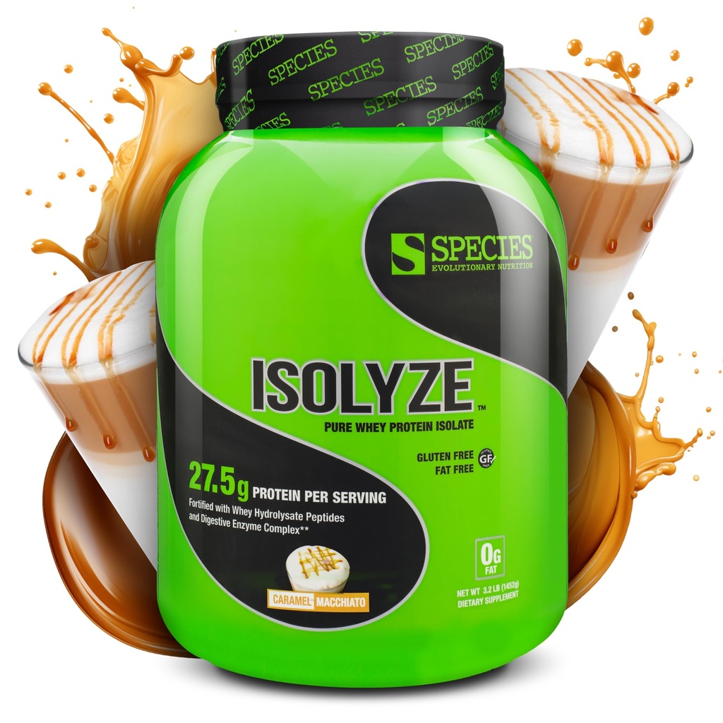Species Nutrition Isolyze Whey Protein Powder, 100% Whey Isolate för Muscle Building, 27.5g Protein Per Scoop, No Sugar & Low Fat (Caramel Macchiato, 44 portioner)