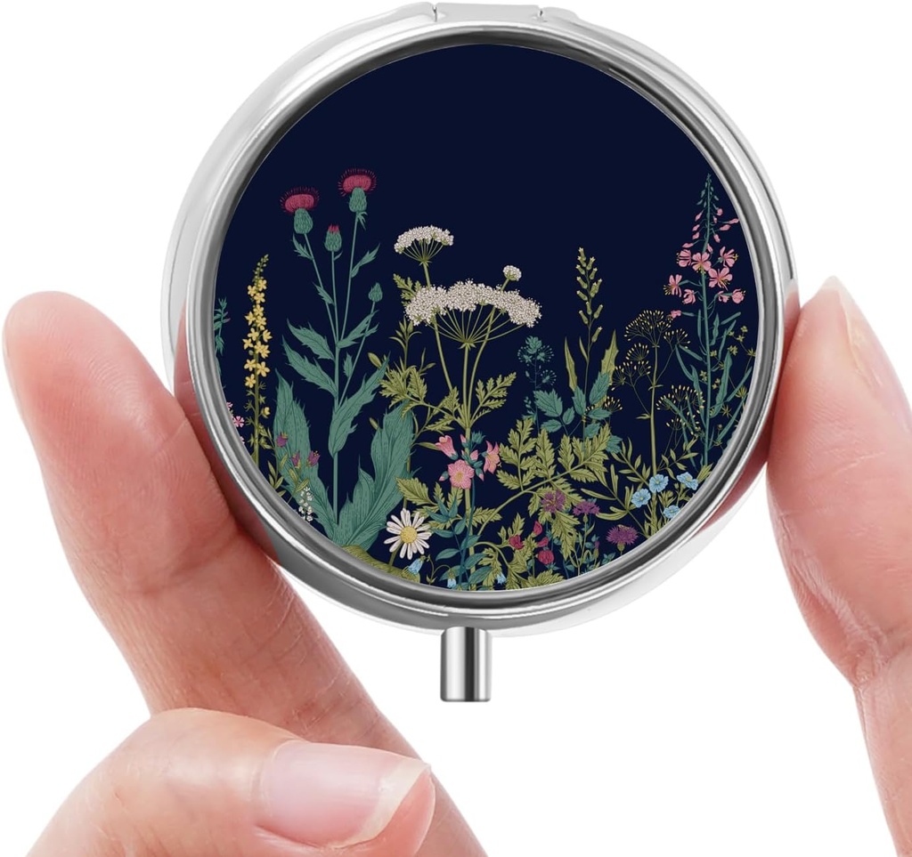 Mini Pill Box, Small Pill Box, Cute Pill Organizer för vitaminer, mediciner, fiskolja och kosttillskott (Black Flowers)
