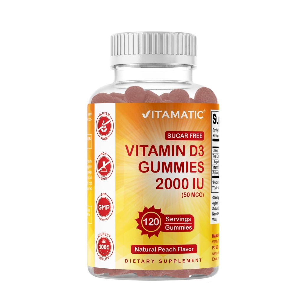 Vitamatic Sugar Free Vitamin D3 2000 IE - 120 Pectin Based Gummies - Stor smak - Hälsosamma ben, humör och immunsystemfunktion - Icke-GMO - 120 portioner