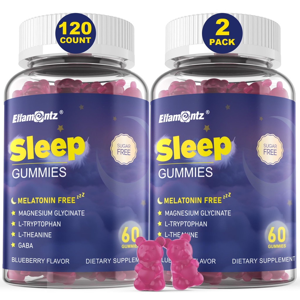 Melatonin Free Sleep Aid Gummies för vuxna, Sugar Free Sleeping Gummy No Melatonin, Natural Calm Gummies med Magnesium Glycinate, L-Tryptophan, L-Theanine, GABA, Ashwagandha, Valerian, 120cts